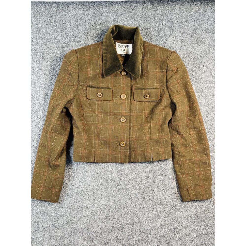 Vintage women’s blazer fitted plaid Green Kasper 80s Velvet Collar 2P - Picture 2 of 5